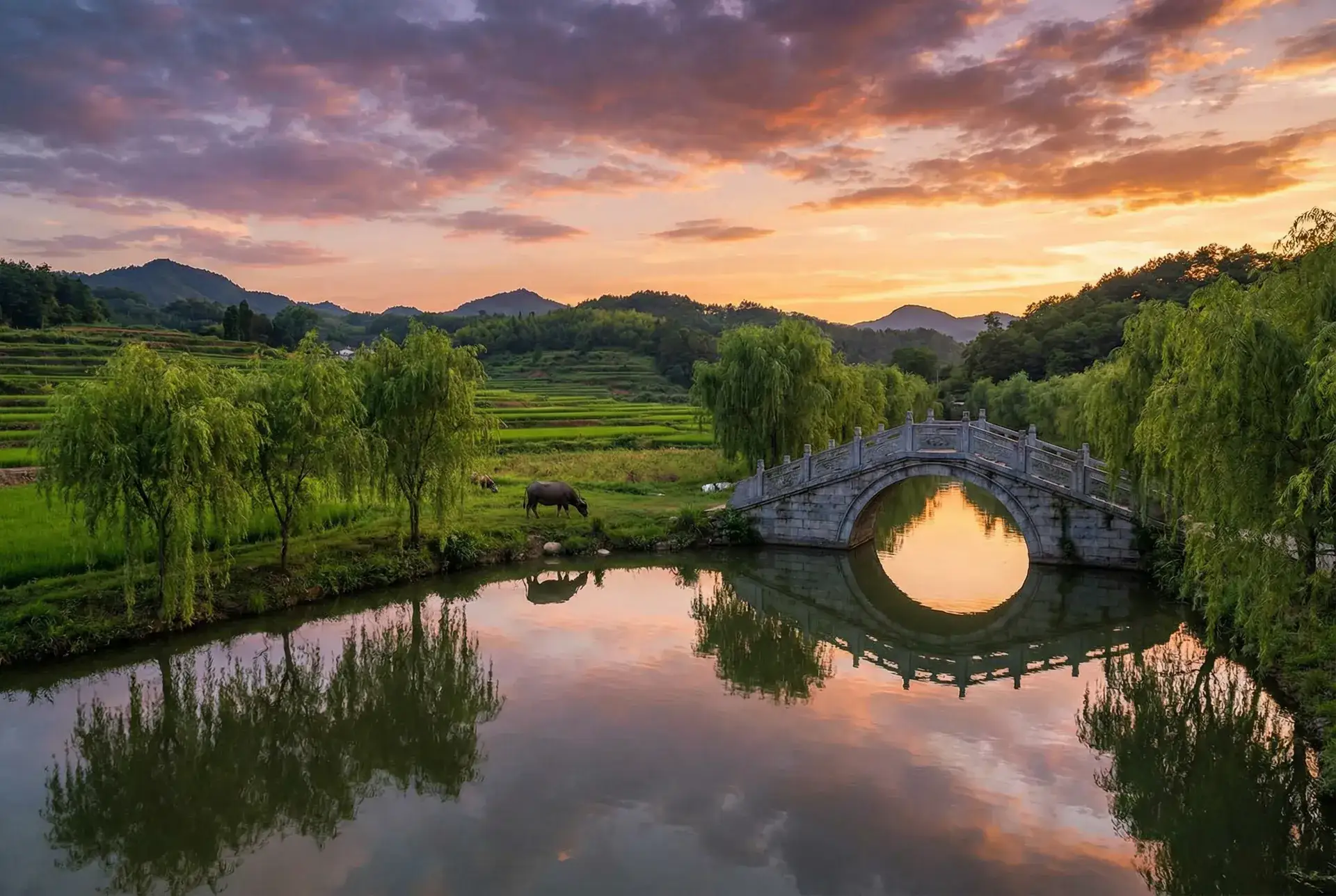 夕阳下的石拱桥与垂柳，水牛在河边吃草 - 国产一区二区三区精华液 乡村美景